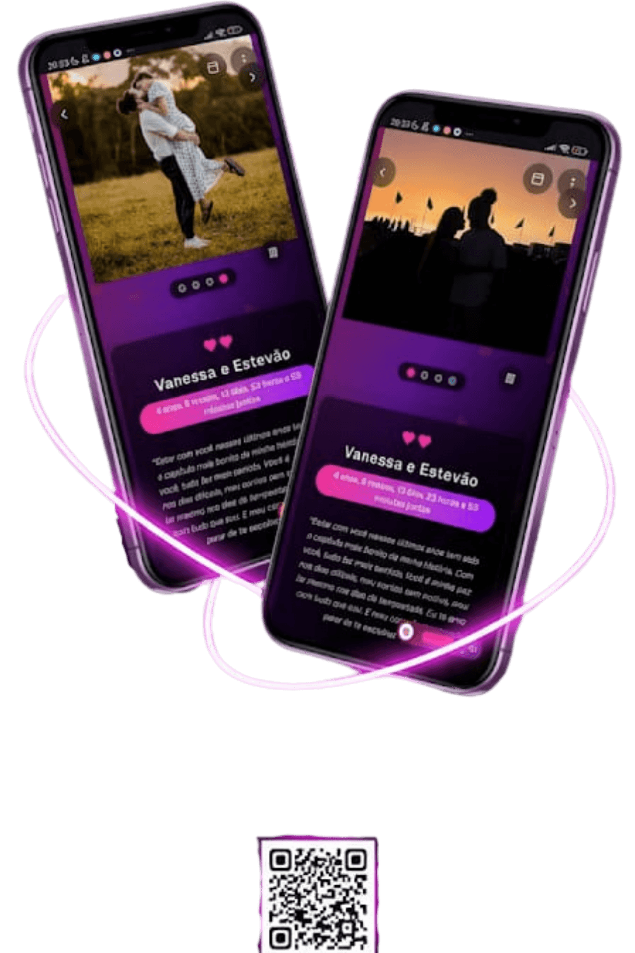 QR Code com celular mostrando fotos de casal